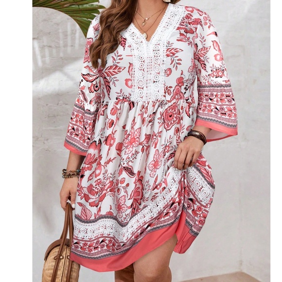 Plus Floral Print V neck High Waisted Dress - Picture 10 of 12